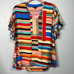 John Mark Colorful Stripe Double Ruffle Flutter Tunic Top Small